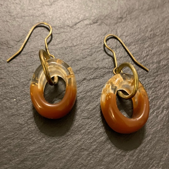 Amber Carmel Clear Resin Gold Tone Nugget Accent Dangle Earrings - Picture 11 of 11